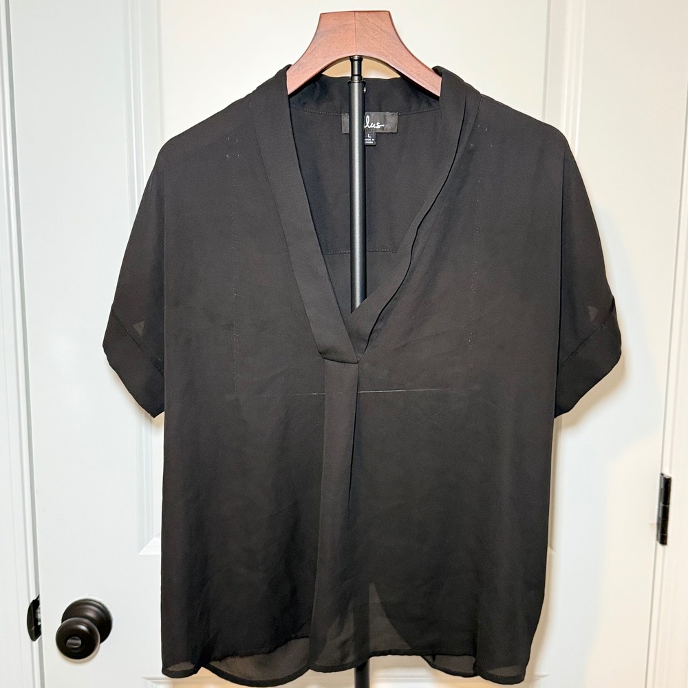 Lulus Black Sheer Blouse Size L Short Sleeve Relaxed Fit Boho Minimalist Chic